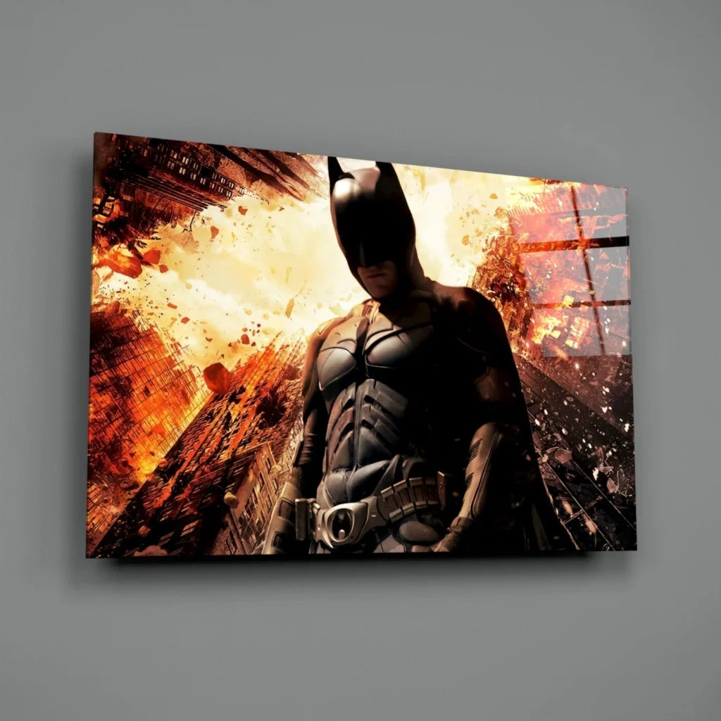 Batman in black suit on fiery cityscape glass wall art canvas