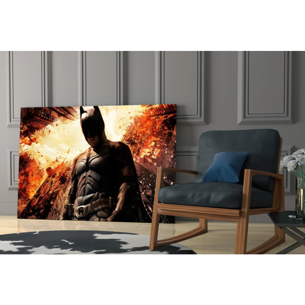 Batman in black suit on fiery cityscape glass wall art canvas print