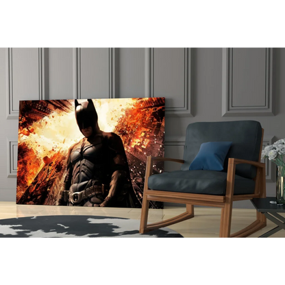 Batman in black suit on fiery cityscape glass wall art canvas print