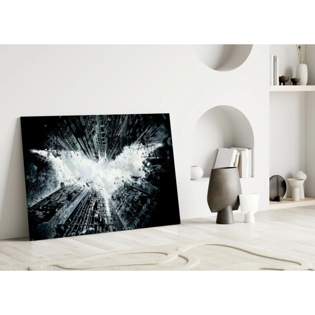 Batman cityscape explosion black-and-white logo glass wall art canvas print