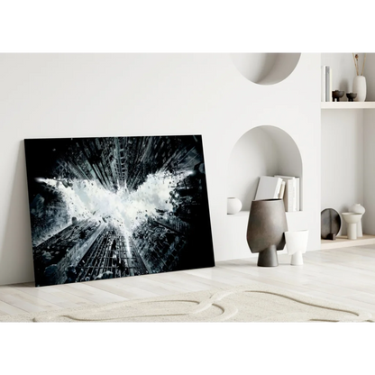 Batman cityscape explosion black-and-white logo glass wall art canvas print