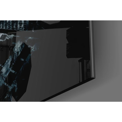 Batman cityscape explosion glass wall art with dark angular design and blue glow