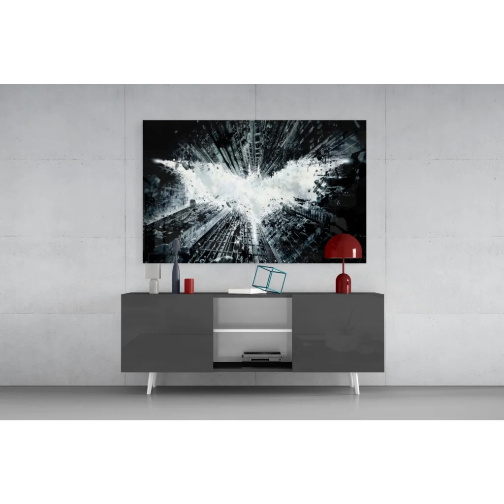 Black and white Batman logo exploding over cityscape on glass wall art