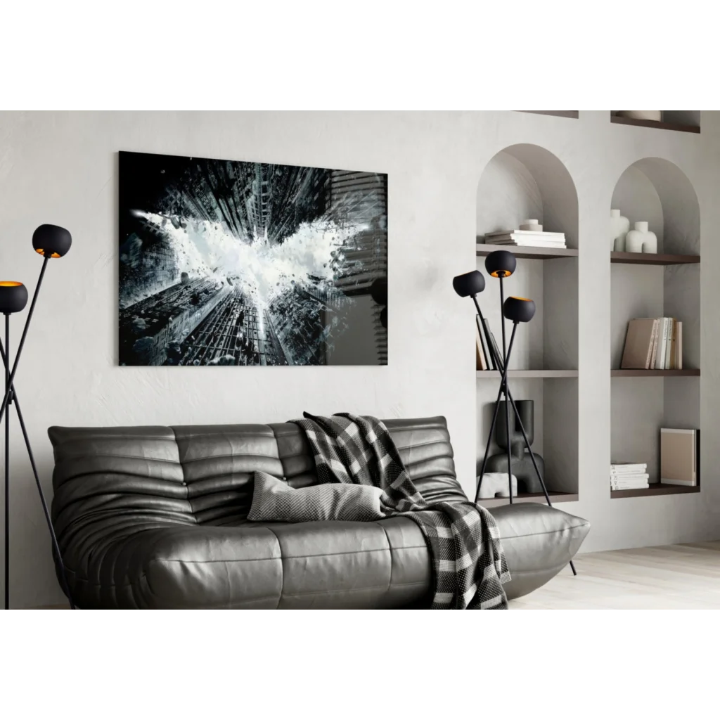 Batman cityscape explosion glass wall art canvas print