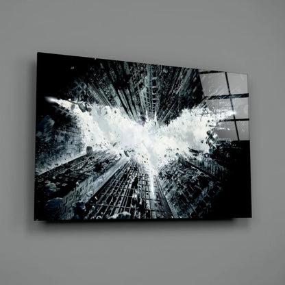 Dramatic black-and-white Batman cityscape explosion glass wall art canvas print