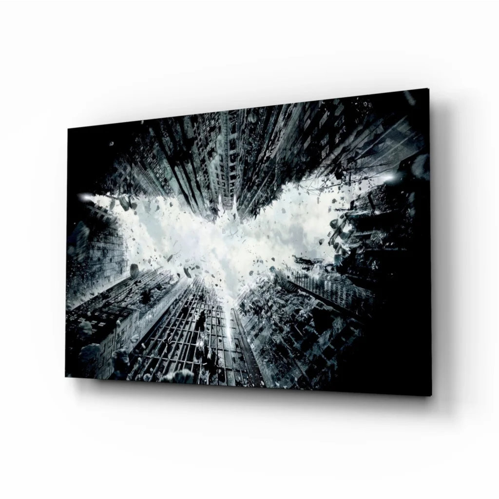 Dramatic Batman bat-signal explosion over city skyscrapers in glass wall art