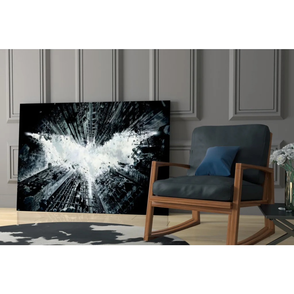 Dynamic Batman logo on glass wall art canvas print with urban explosion scene