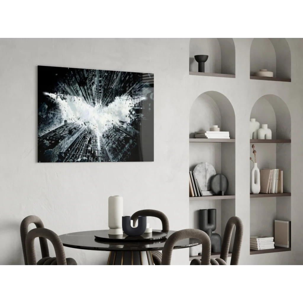 Batman cityscape explosion black-and-white logo glass wall art canvas print