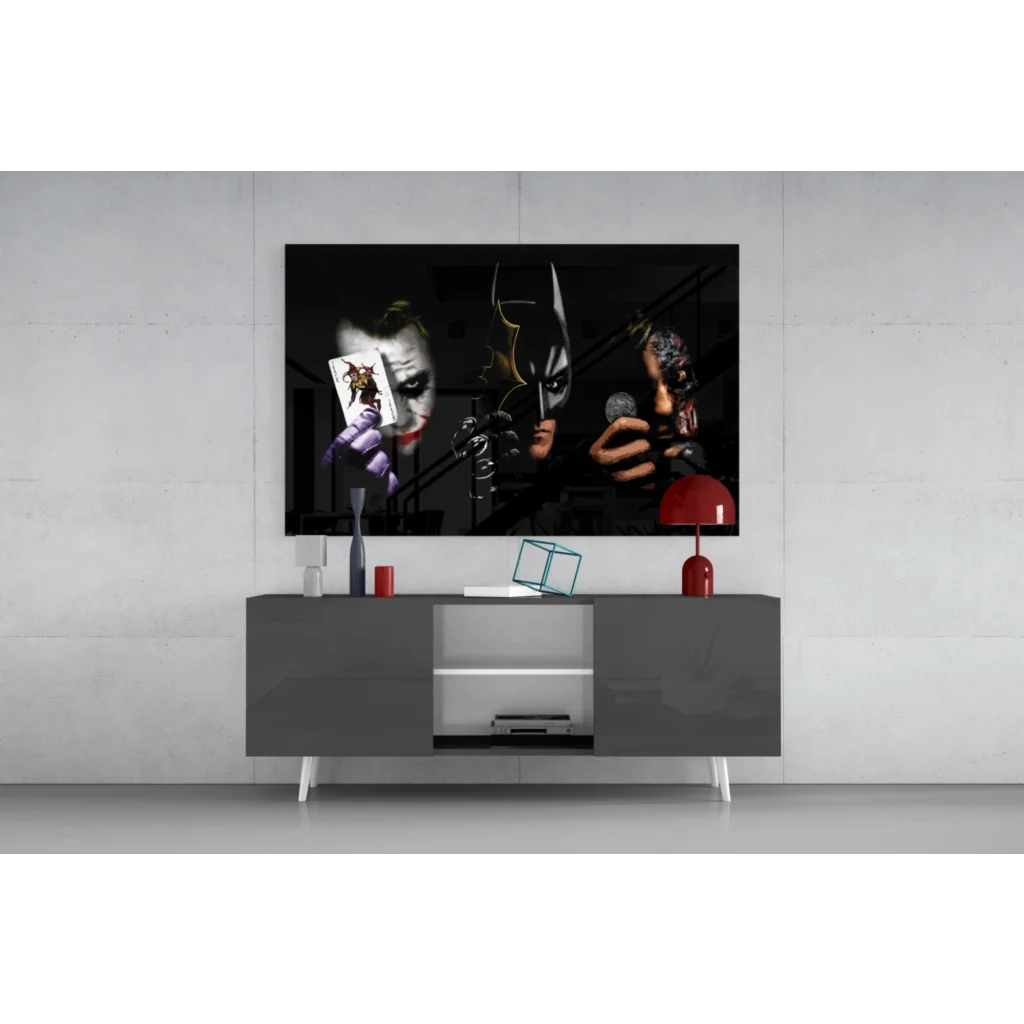 Epic Batman vs Joker black and white framed wall art with Joker card, Batman mask, tattooed character
