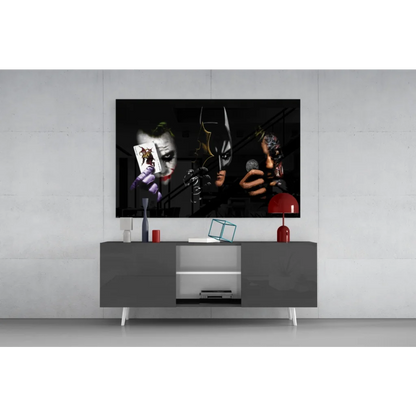 Epic Batman vs Joker black and white framed wall art with Joker card, Batman mask, tattooed character