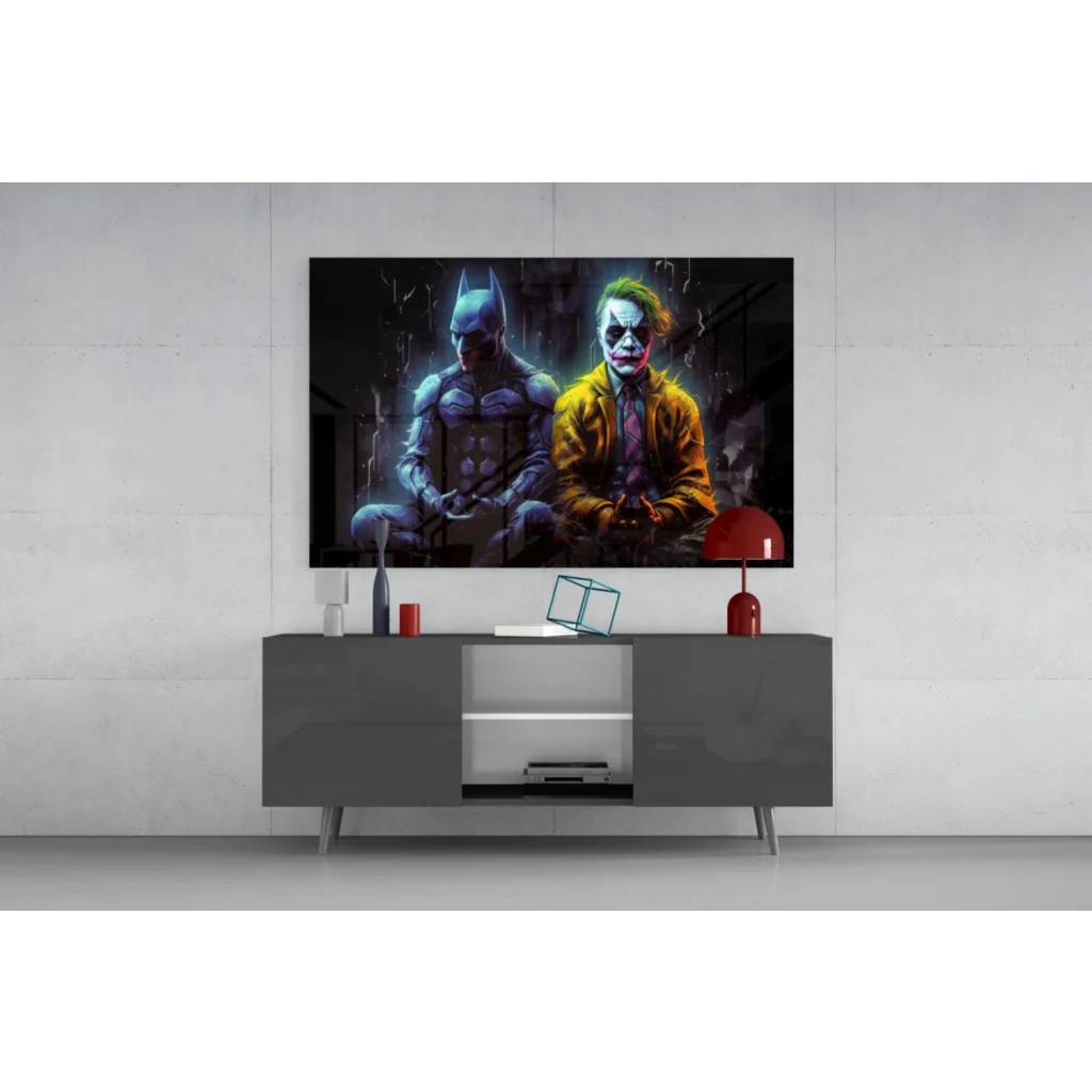 Vibrant Batman vs Joker showdown wall art with glowing blue suit and yellow coat