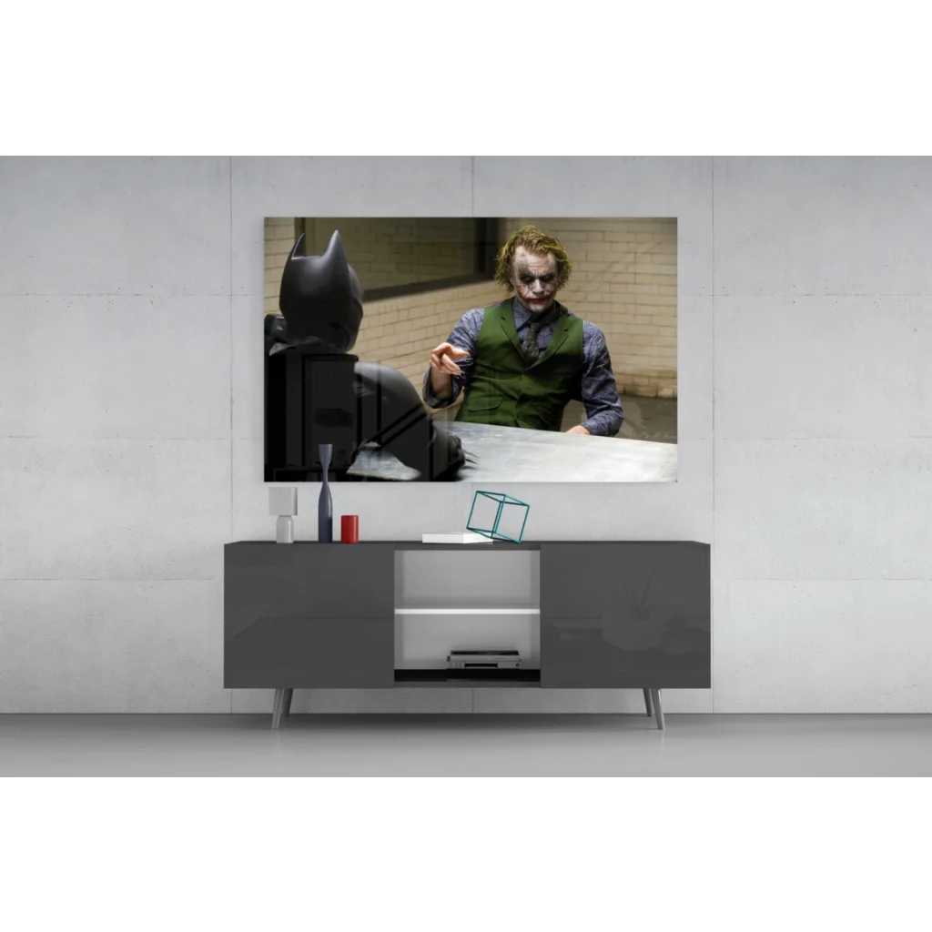 Framed Joker in green vest and Batman silhouette glass wall art