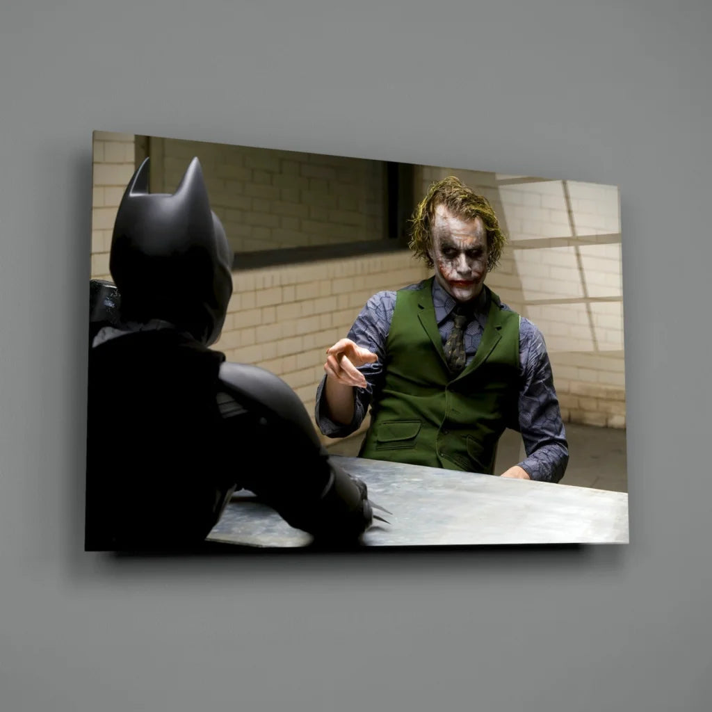 Black Batman vs Joker showdown glass wall art canvas print