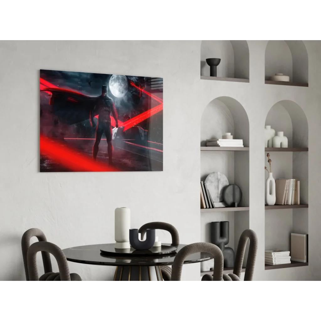 Sleek Batman canvas wall art with red lasers and moon backdrop