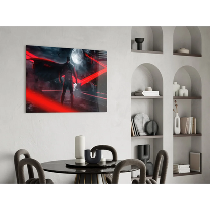 Sleek Batman canvas wall art with red lasers and moon backdrop