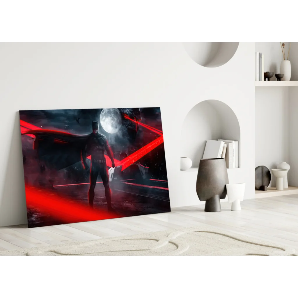 Sleek black Batman canvas print with red laser beams and full moon backdrop