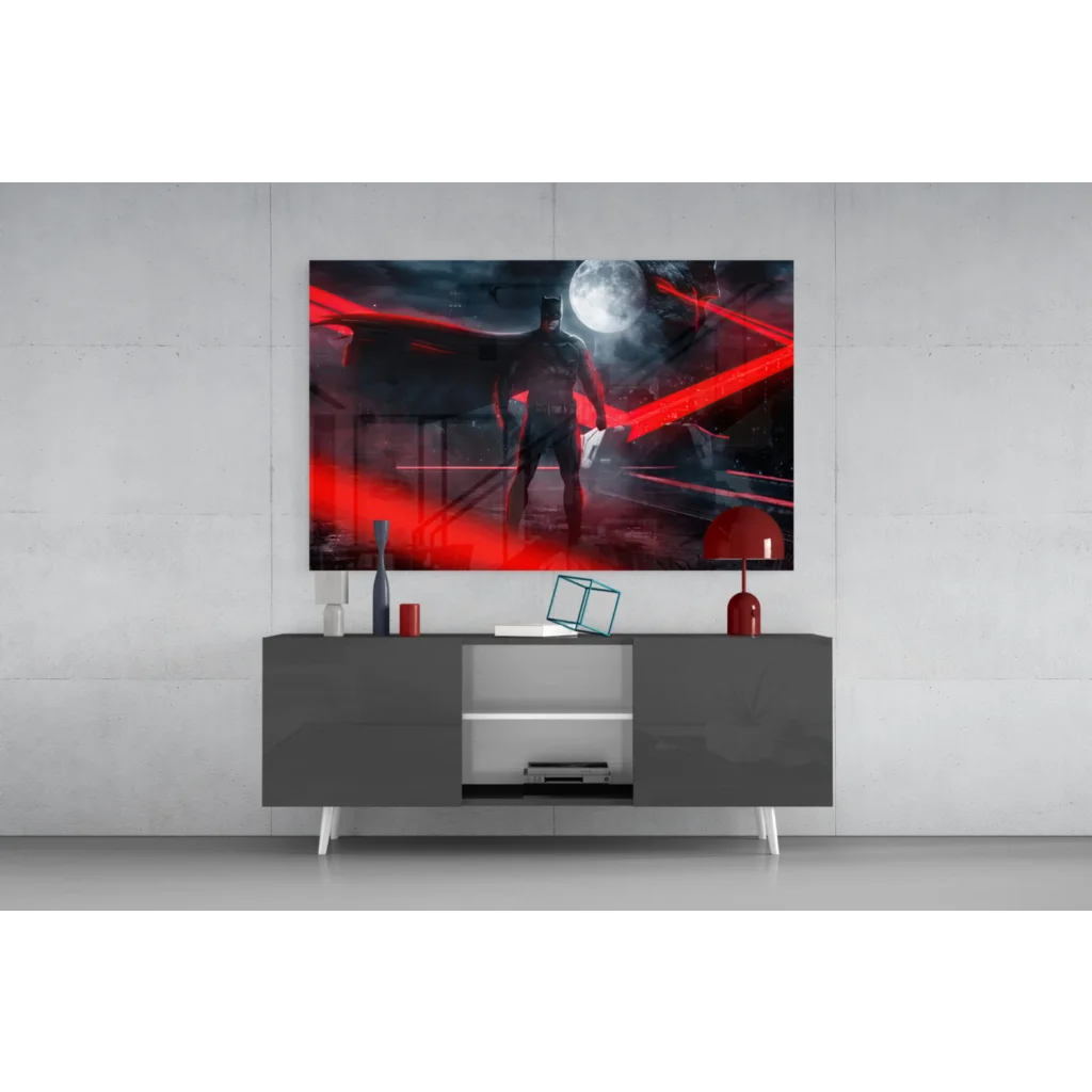 Sleek gray Batman moon wall art canvas print on modern console table