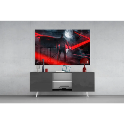 Sleek gray Batman moon wall art canvas print on modern console table