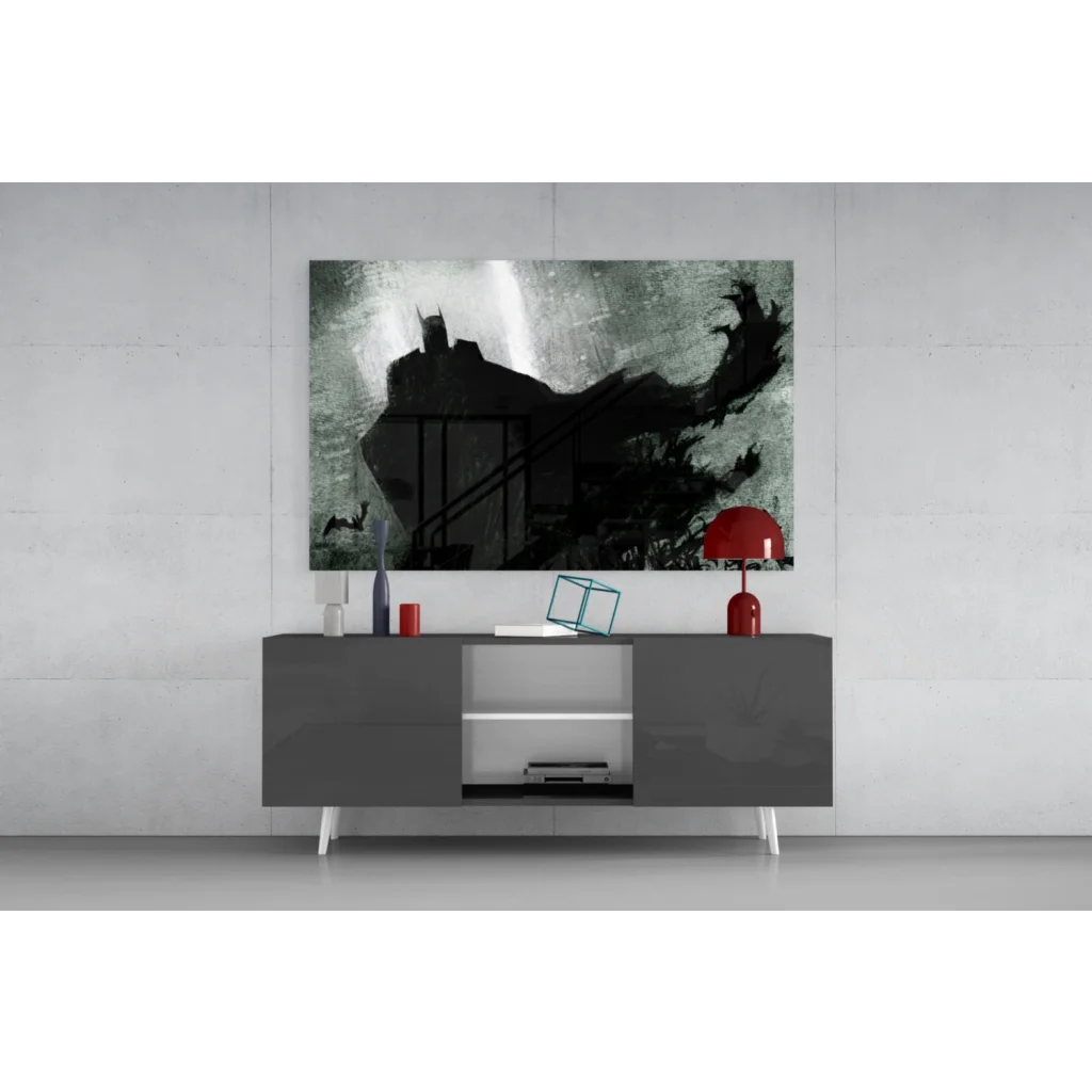 Batman silhouette wall art on modern gray sideboard