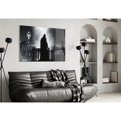 Batman silhouette wall art over black leather sofa with plaid throw