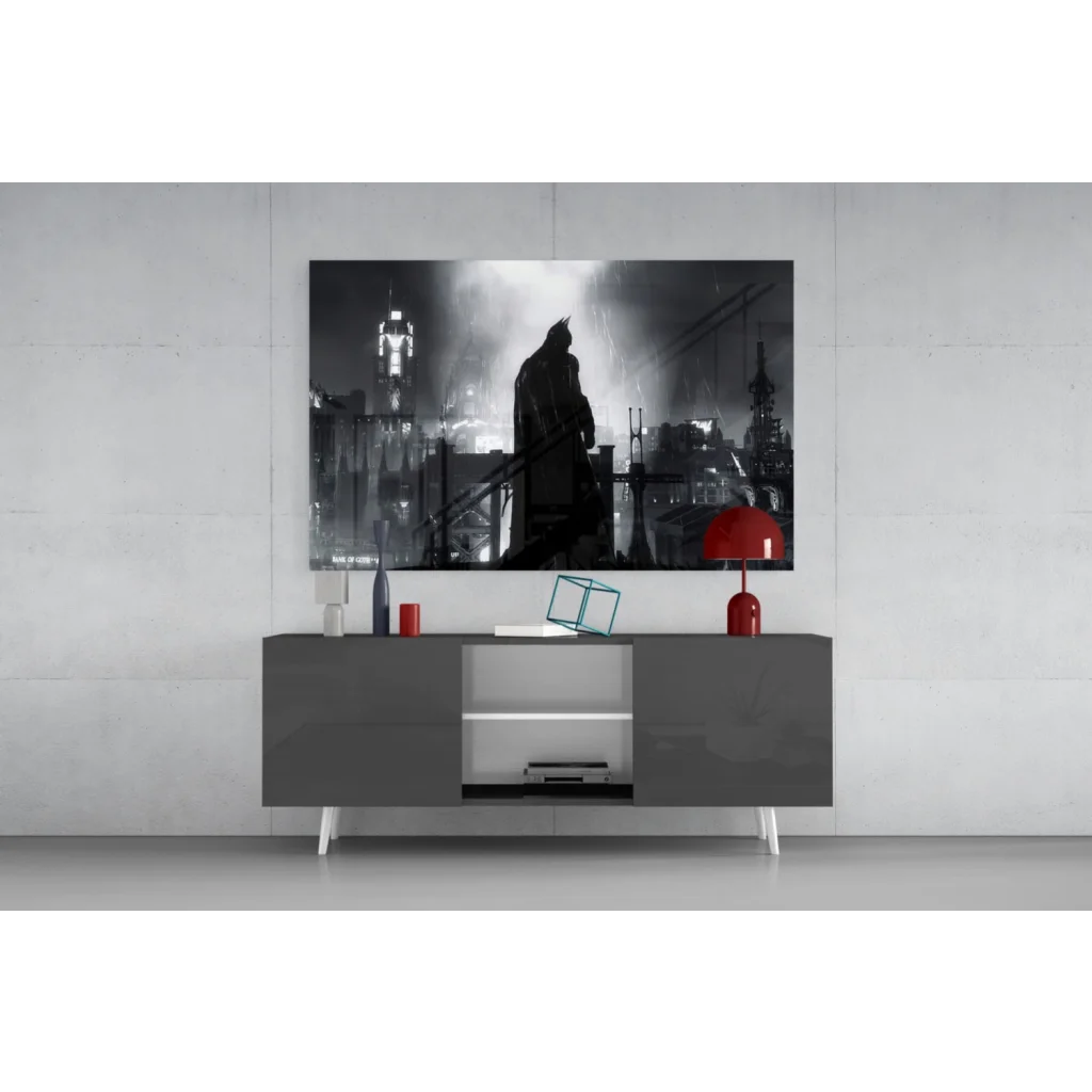 Batman silhouette on Samsung QLED TV glass wall art