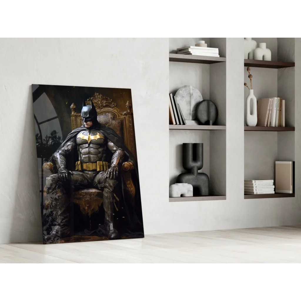 Batman on golden throne glass wall art in black gold armor
