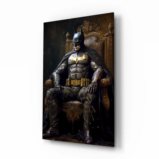 Black and gold Batman throne glass wall art with detailed armor and cape