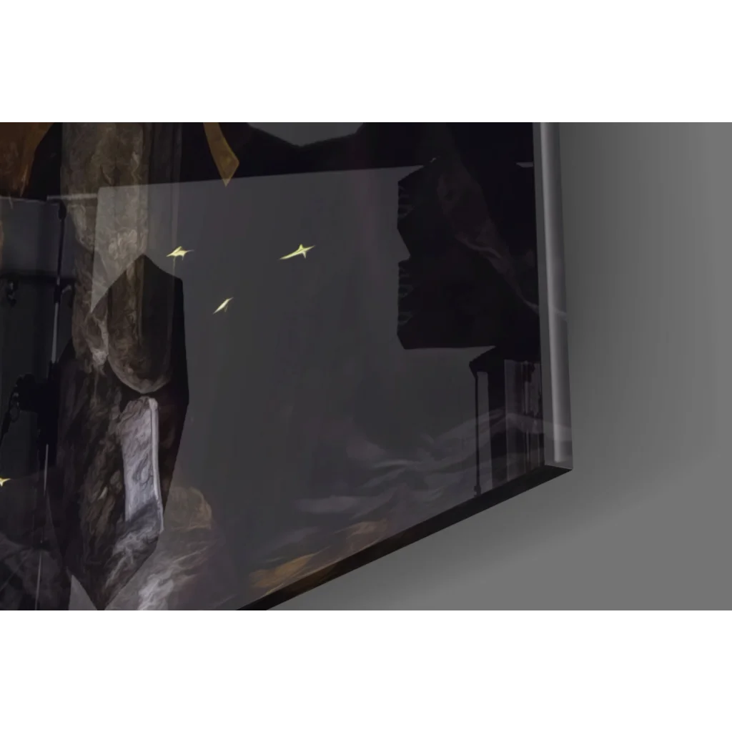 Dark gray glossy glass wall art with Batman throne in black gold armor