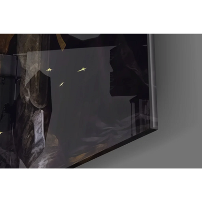 Dark gray glossy glass wall art with Batman throne in black gold armor