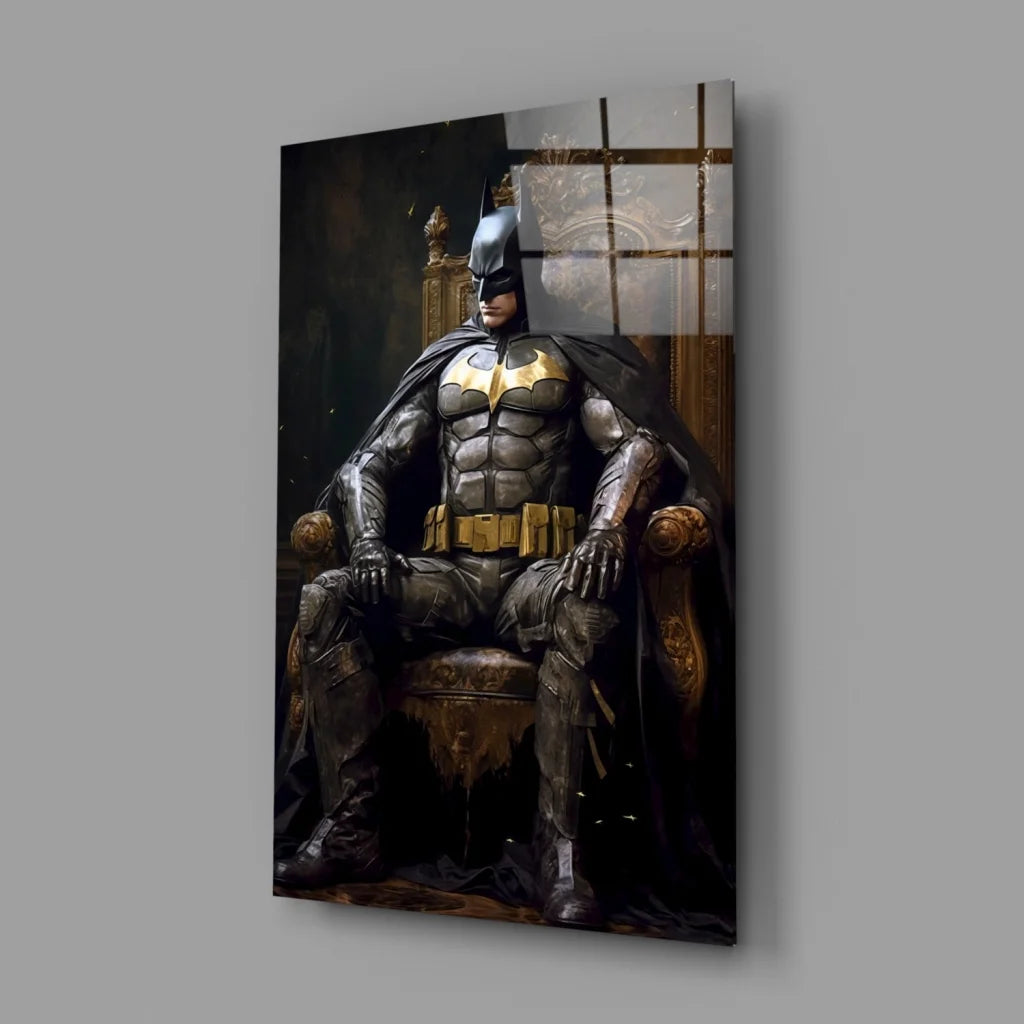 Batman in black gold armor on throne glass wall art