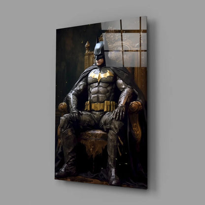 Batman in black gold armor on throne glass wall art