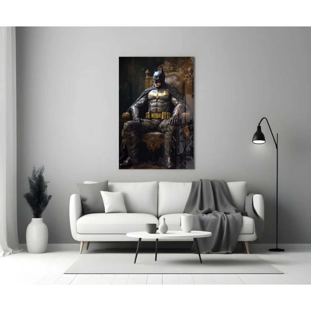 Batman on ornate throne glass wall art in black and gold armor