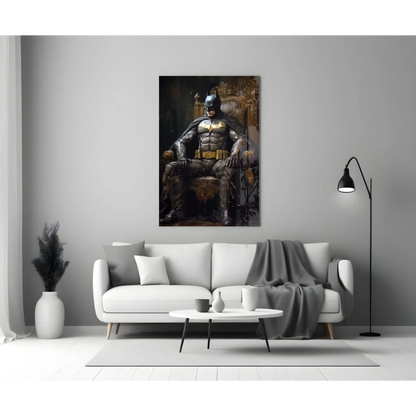 Batman on ornate throne glass wall art in black and gold armor