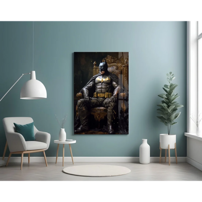 Batman on golden throne in black gold armor glass wall art