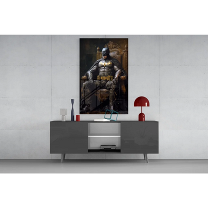 Batman on ornate throne glass wall art in black gold armor