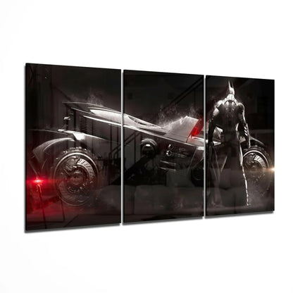 Black and red Batman triptych canvas wall art with Batmobile and silhouette