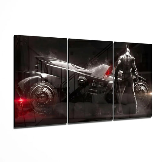 Black and red Batman triptych canvas wall art with Batmobile and silhouette