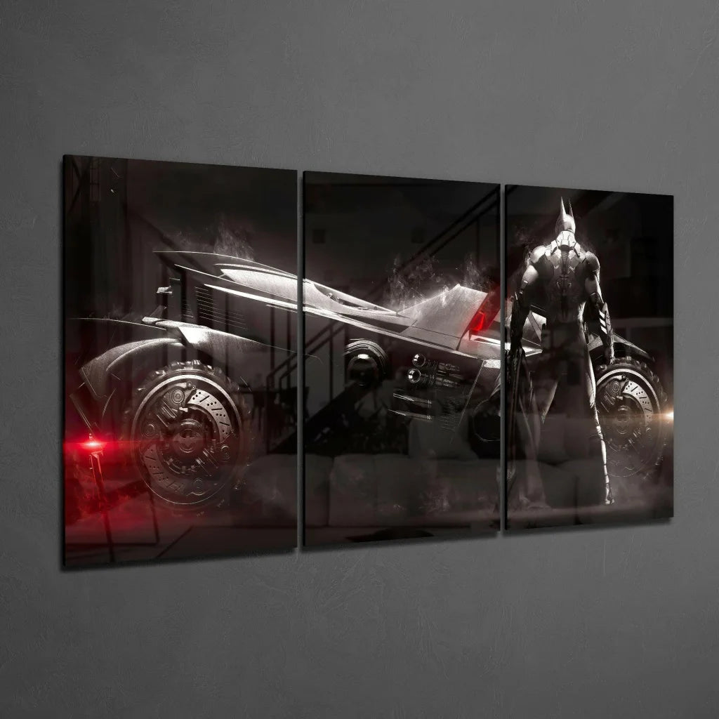 Batman triptych wall art with sleek Batmobile and red lights