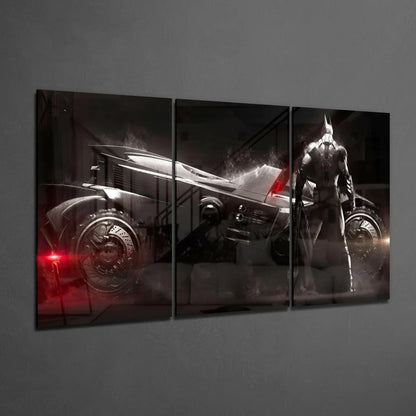 Batman triptych wall art with sleek Batmobile and red lights