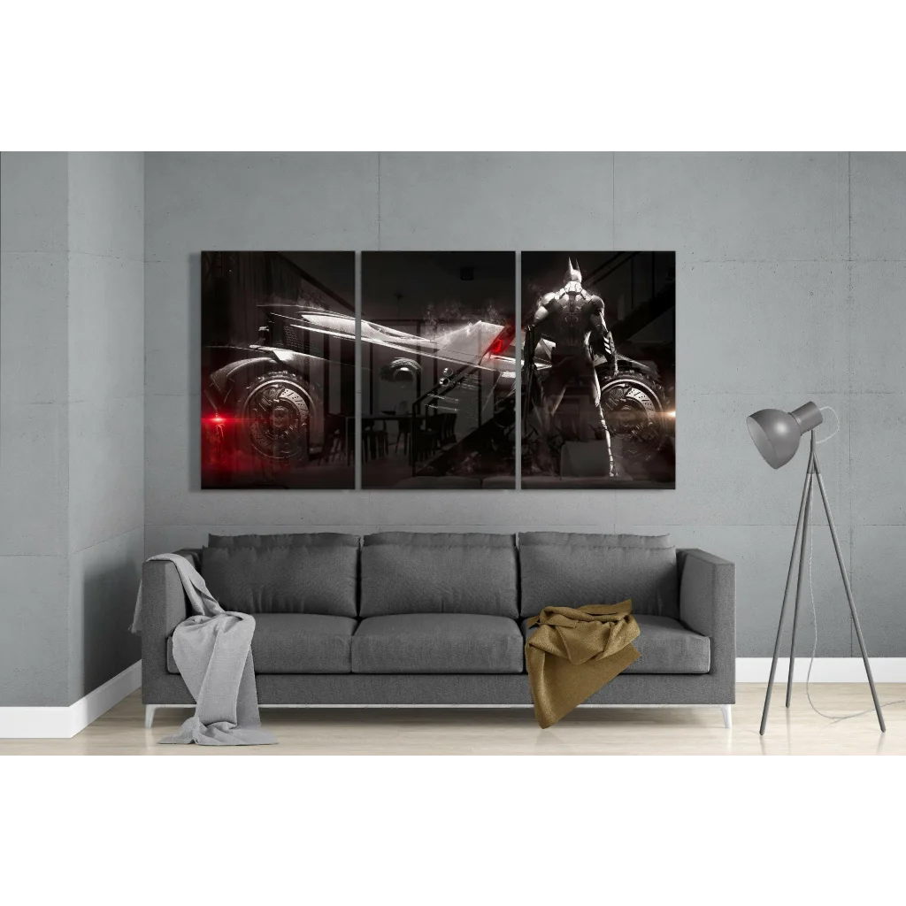 Dynamic Batman triptych canvas wall art in black and red action scene