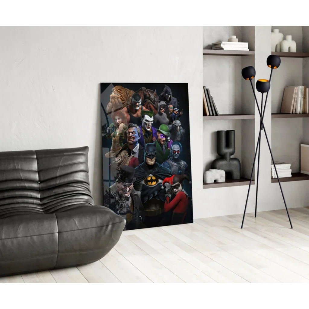 Vibrant Batman and villains glass wall art collage poster