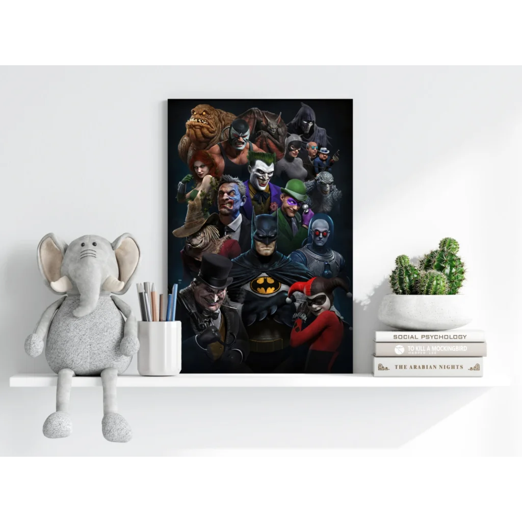 Batman plush toy in gray white fur on aluminum canvas wall art