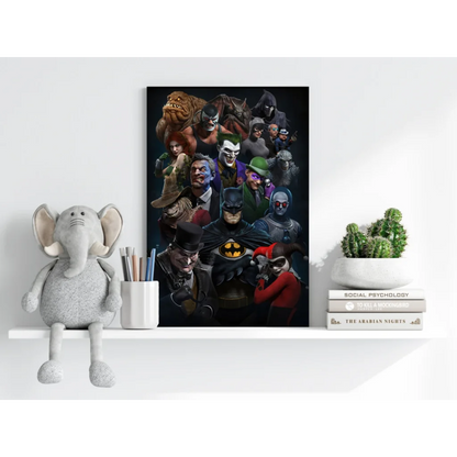 Batman plush toy in gray white fur on aluminum canvas wall art
