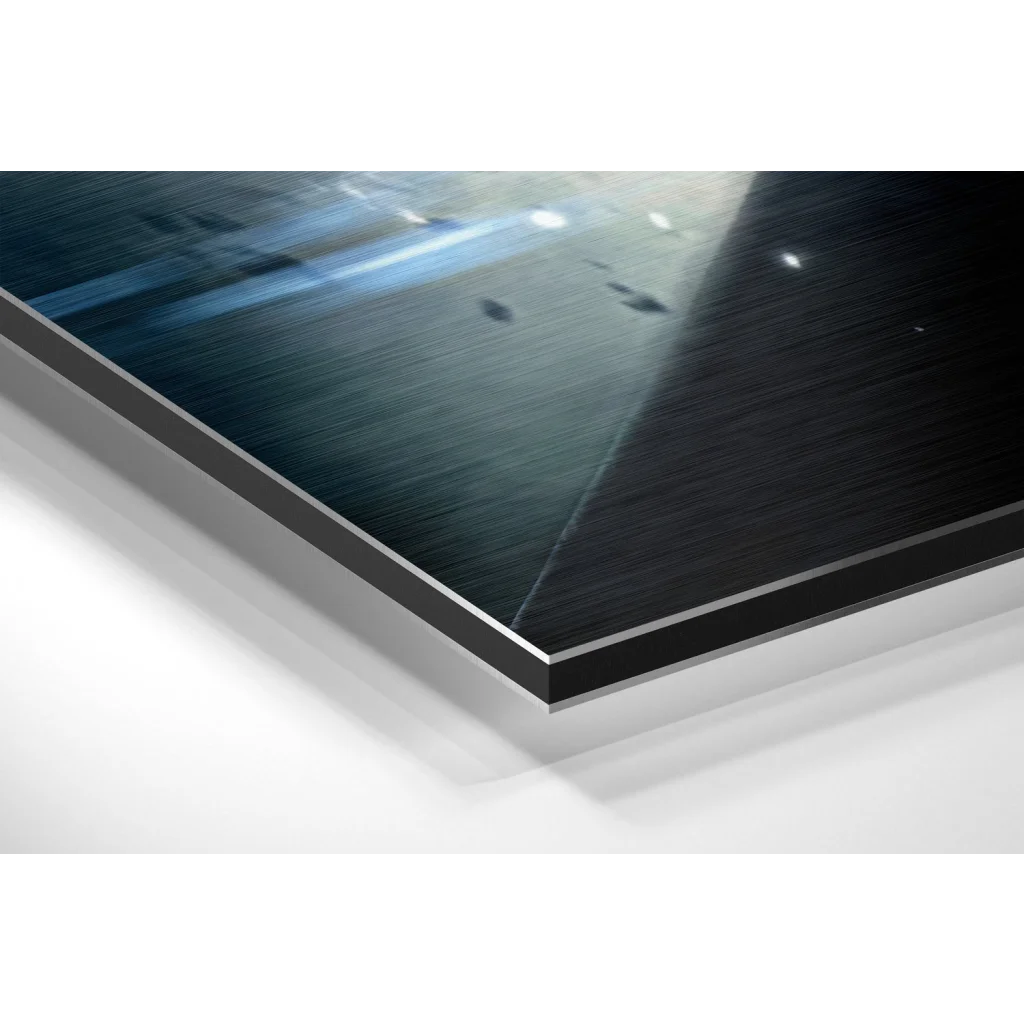 Black metal-framed cosmic abstract art on brushed aluminium dibond