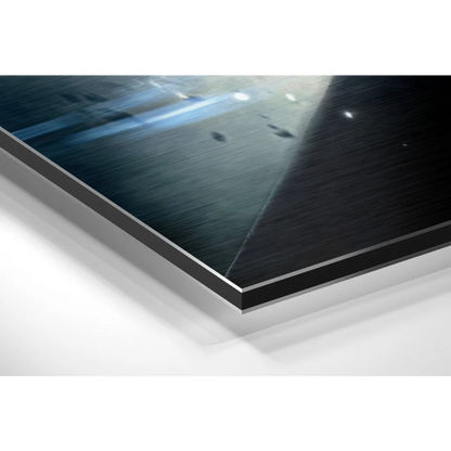 Black metal-framed cosmic abstract art on brushed aluminium dibond