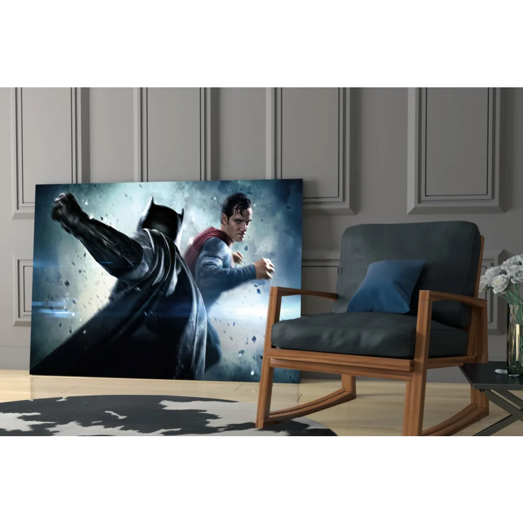 Epic Batman vs Superman glass wall art canvas print with dynamic action scene
