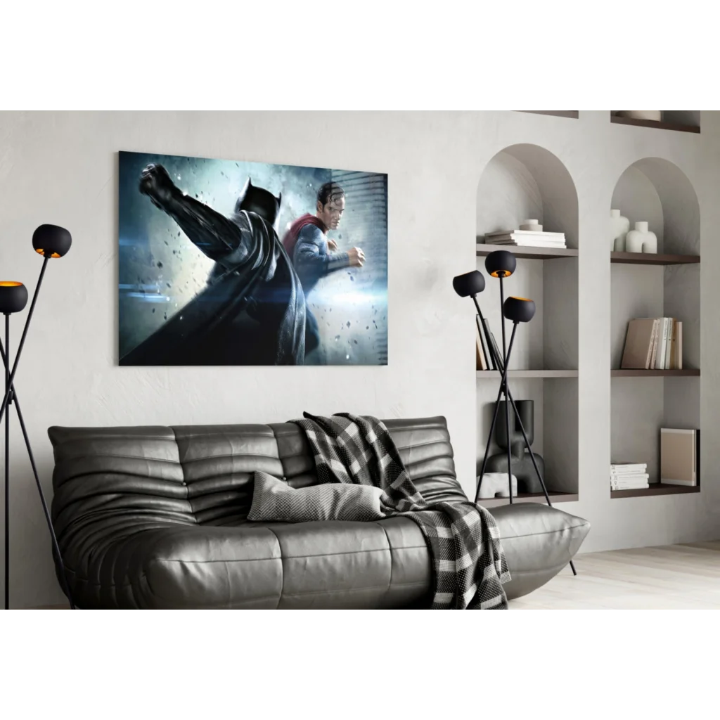 Epic Batman vs Superman glass wall art canvas print with dynamic action poses