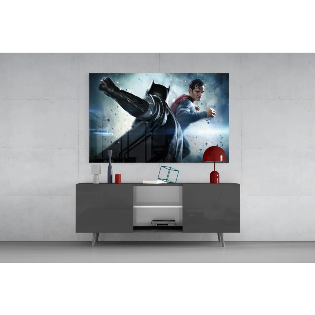 Epic Batman vs Superman glass wall art with red dome lamp