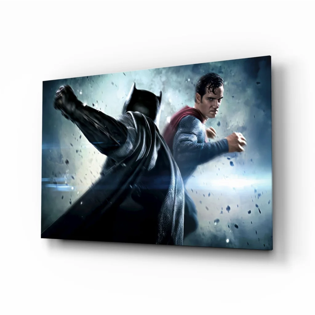 Epic Batman vs Superman glass wall art canvas print in dynamic combat