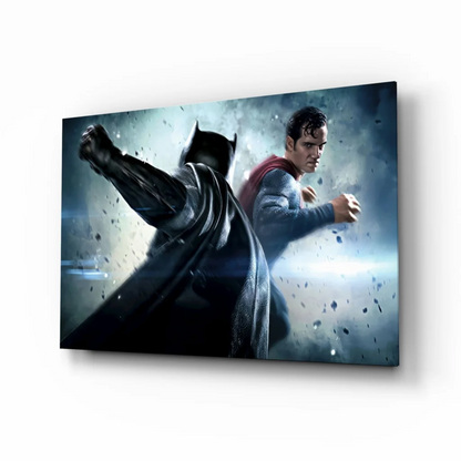 Epic Batman vs Superman glass wall art canvas print in dynamic combat